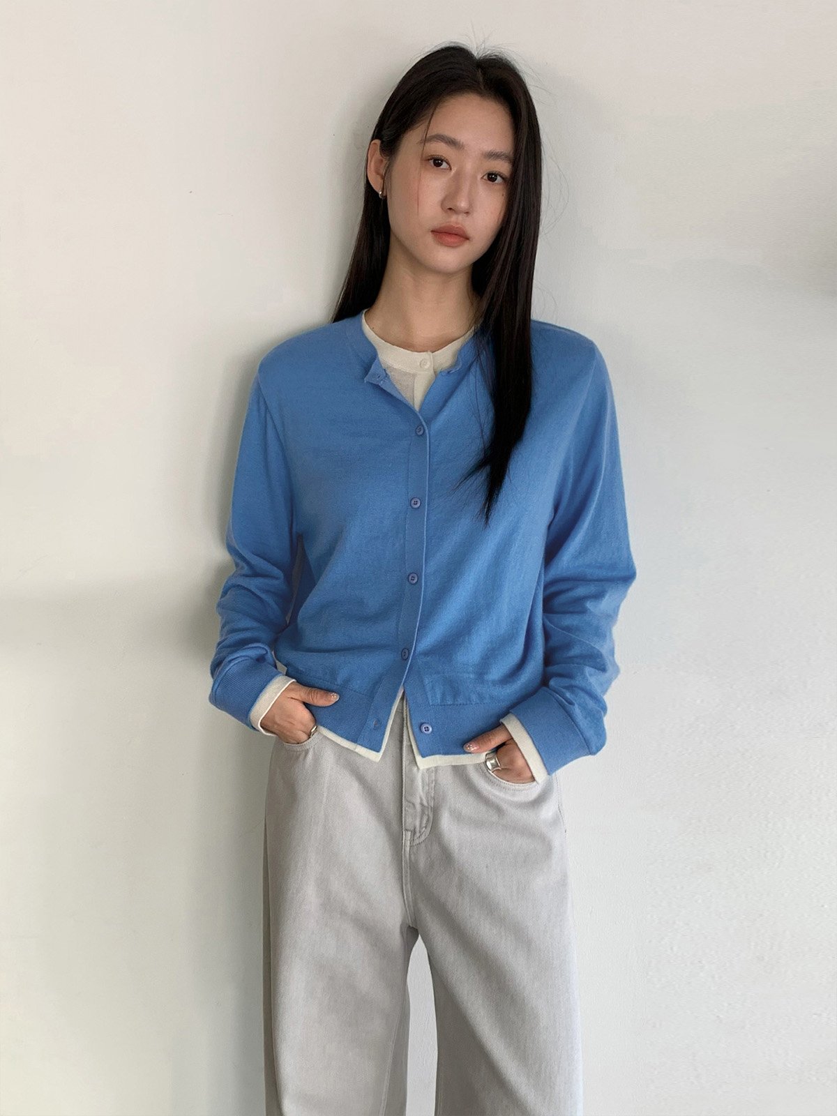 100%Wool Cardigan Knitwear Splicing Sweater 25667