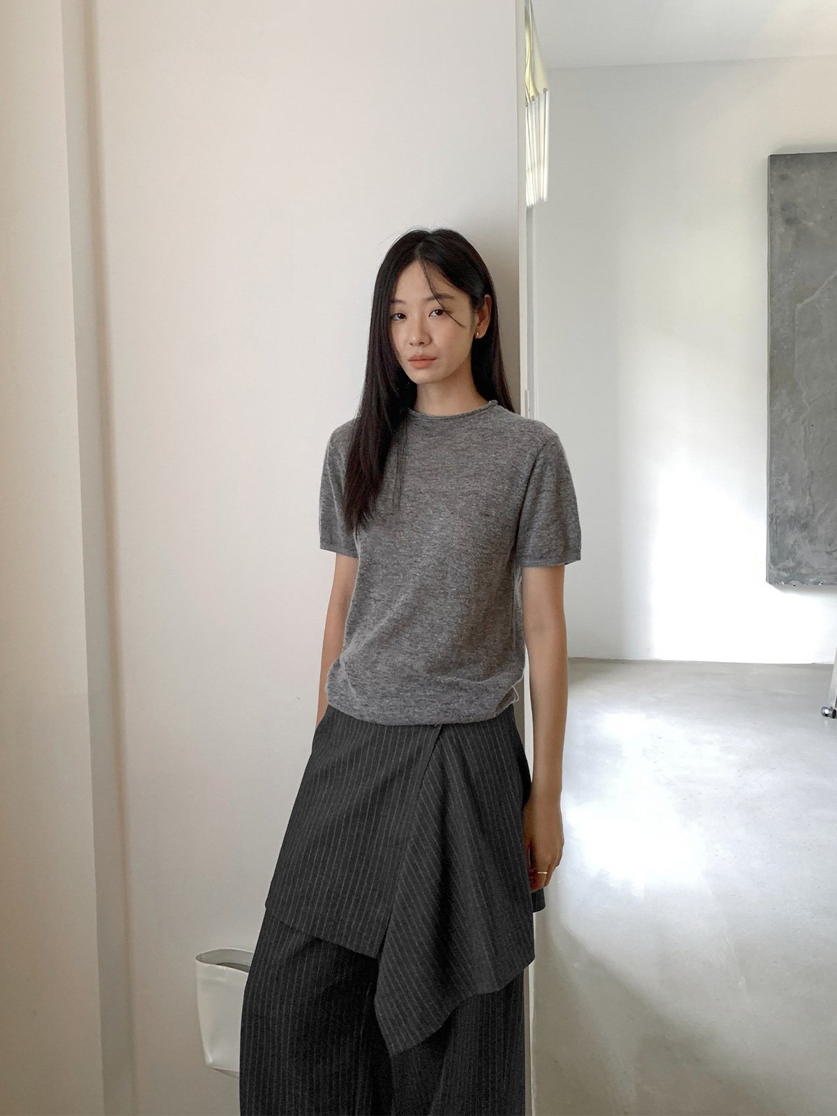 Solid 16% alpaca and 38% wool  short sleeve women's knitwear 25628 - 图片 2