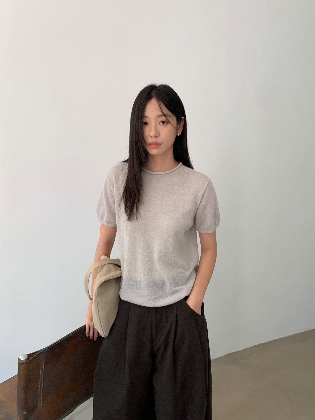 Solid 16% alpaca and 38% wool  short sleeve women's knitwear 25628