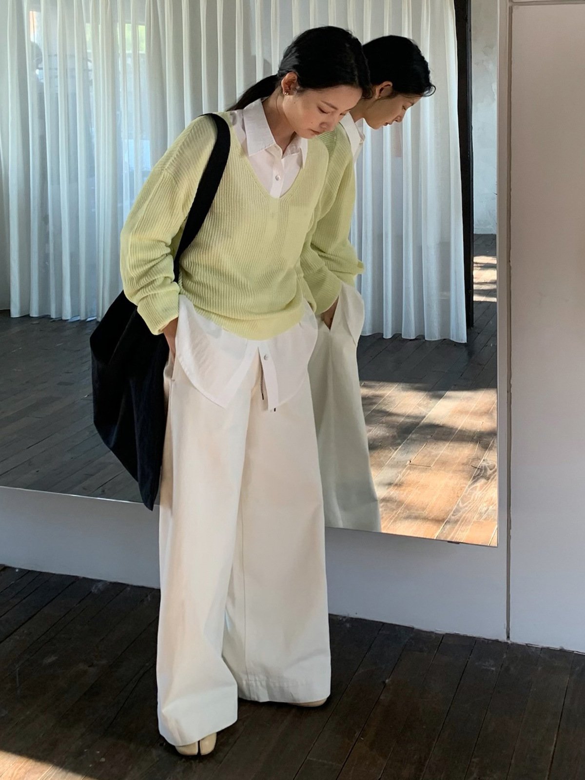 Linen and Viscose Deep V-neck Knitwear 24413 - 图片 2