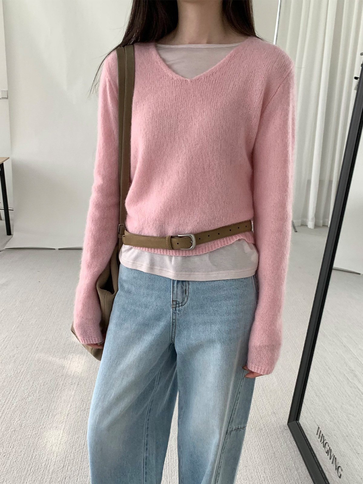 Spring V-neck Knitted Sweater Super Mohair 24465