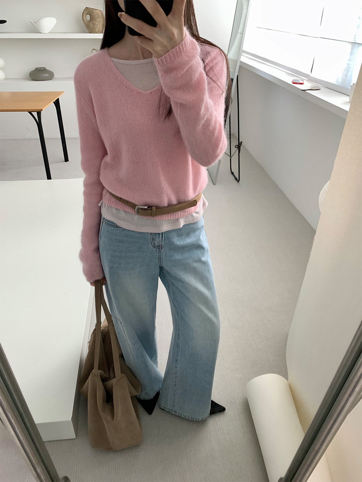 Spring V-neck Knitted Sweater Super Mohair 24465 - 图片 3