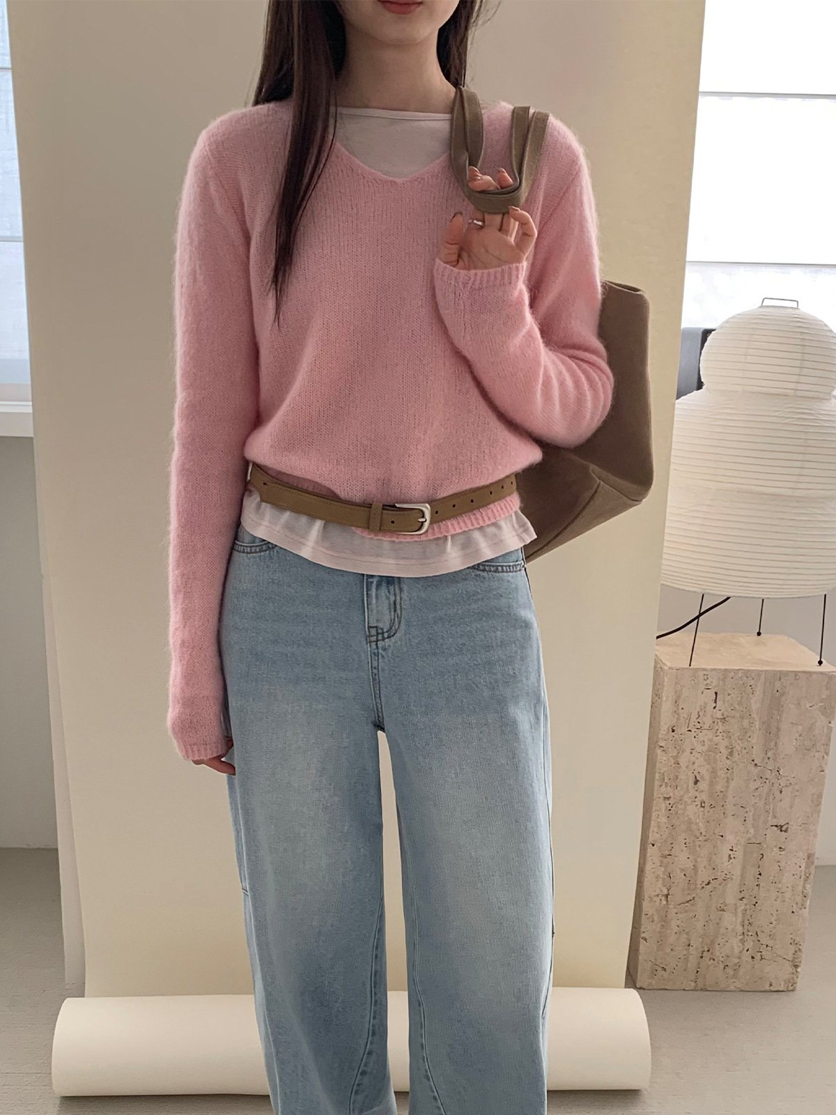 Spring V-neck Knitted Sweater Super Mohair 24465 - 图片 2