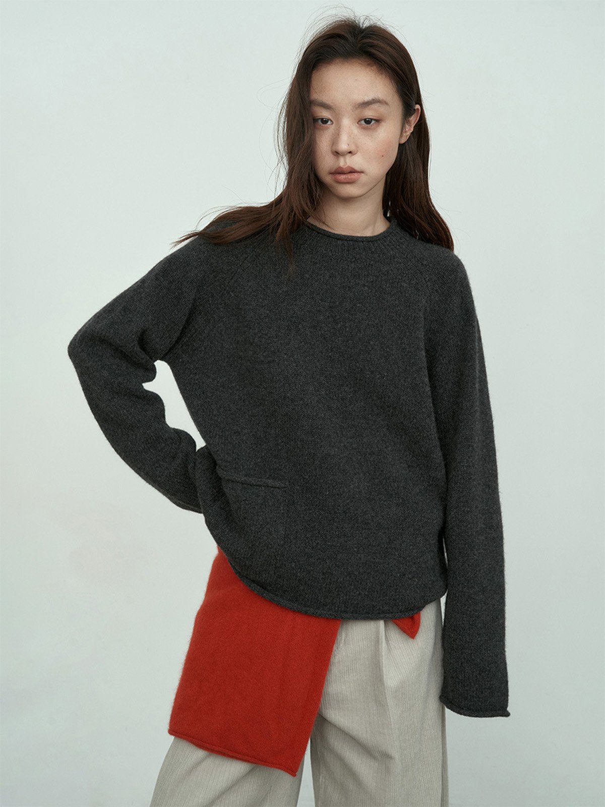 100%Wool Pocket Crew Neck Sweater L4215241284 - 图片 4