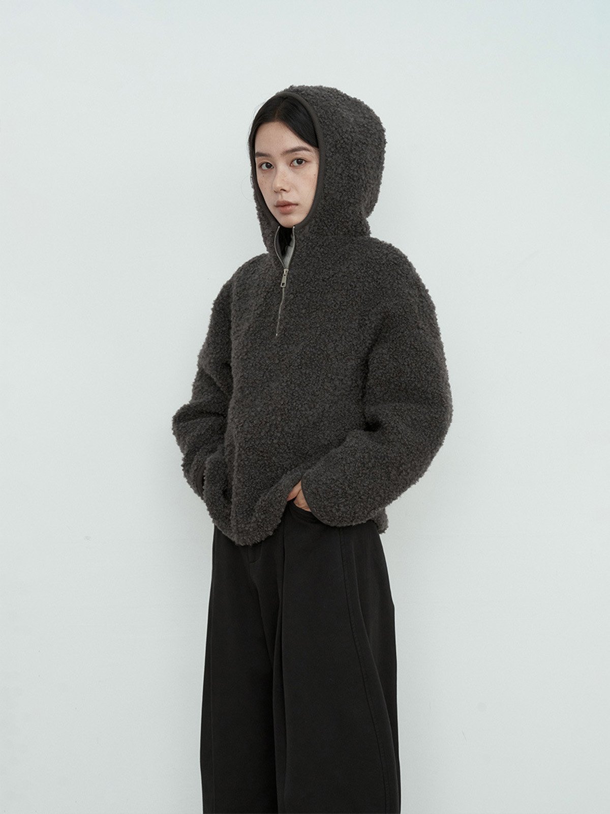 70%Wool Hooded Half Cardigan Sweater 52368 - 图片 4