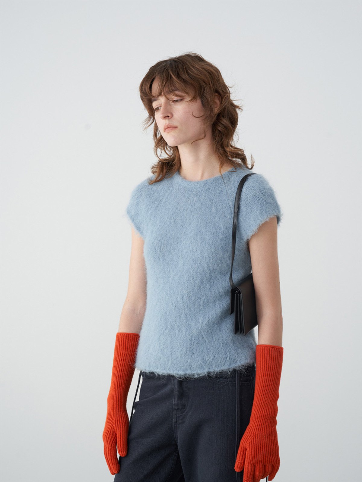 Shoulder-sleeved 44%Alpaca Wool short-sleeved sweater DN4215230653