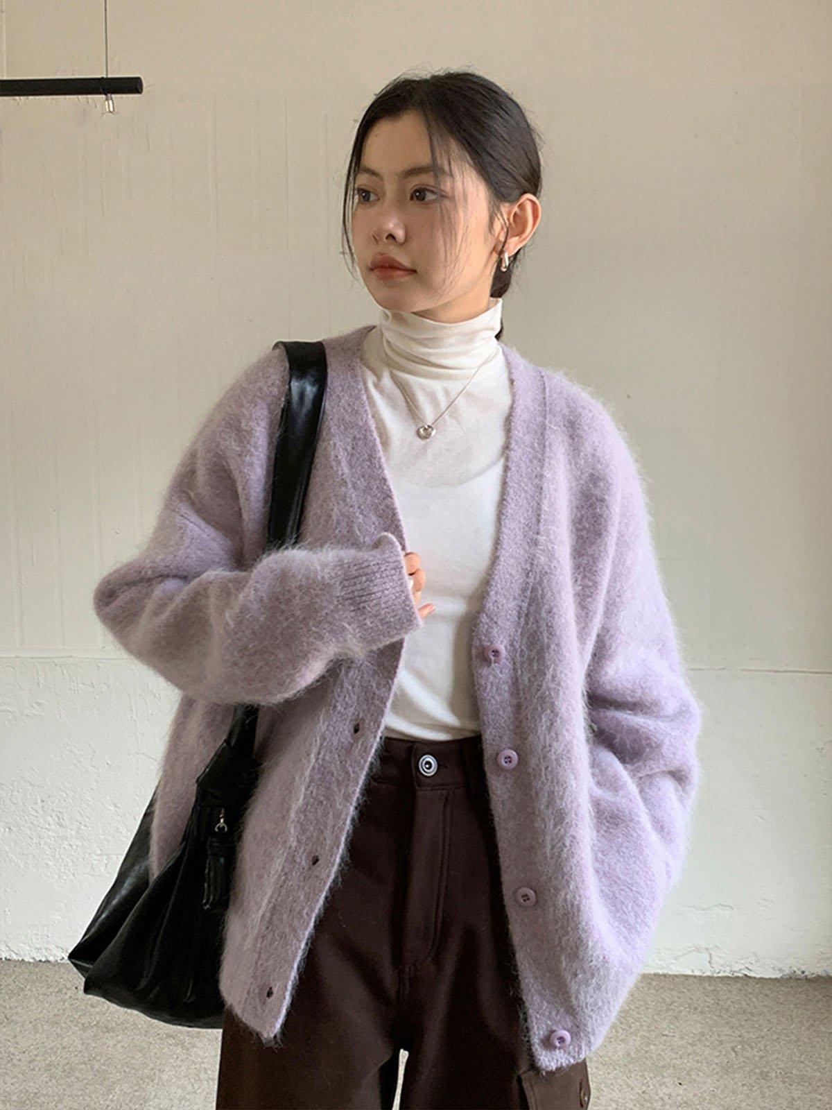 55%Alpaca V-neck Cardigan Sweater With Single-breasted 64980 - 图片 2