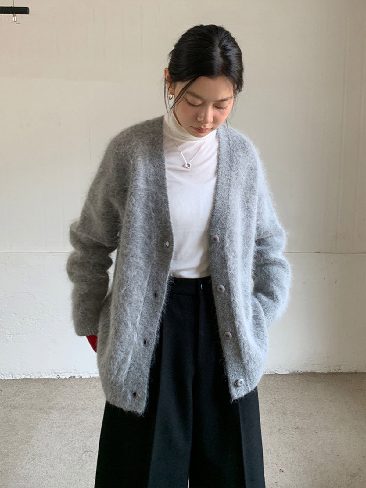 55%Alpaca V-neck Cardigan Sweater With Single-breasted 64980 - 图片 3