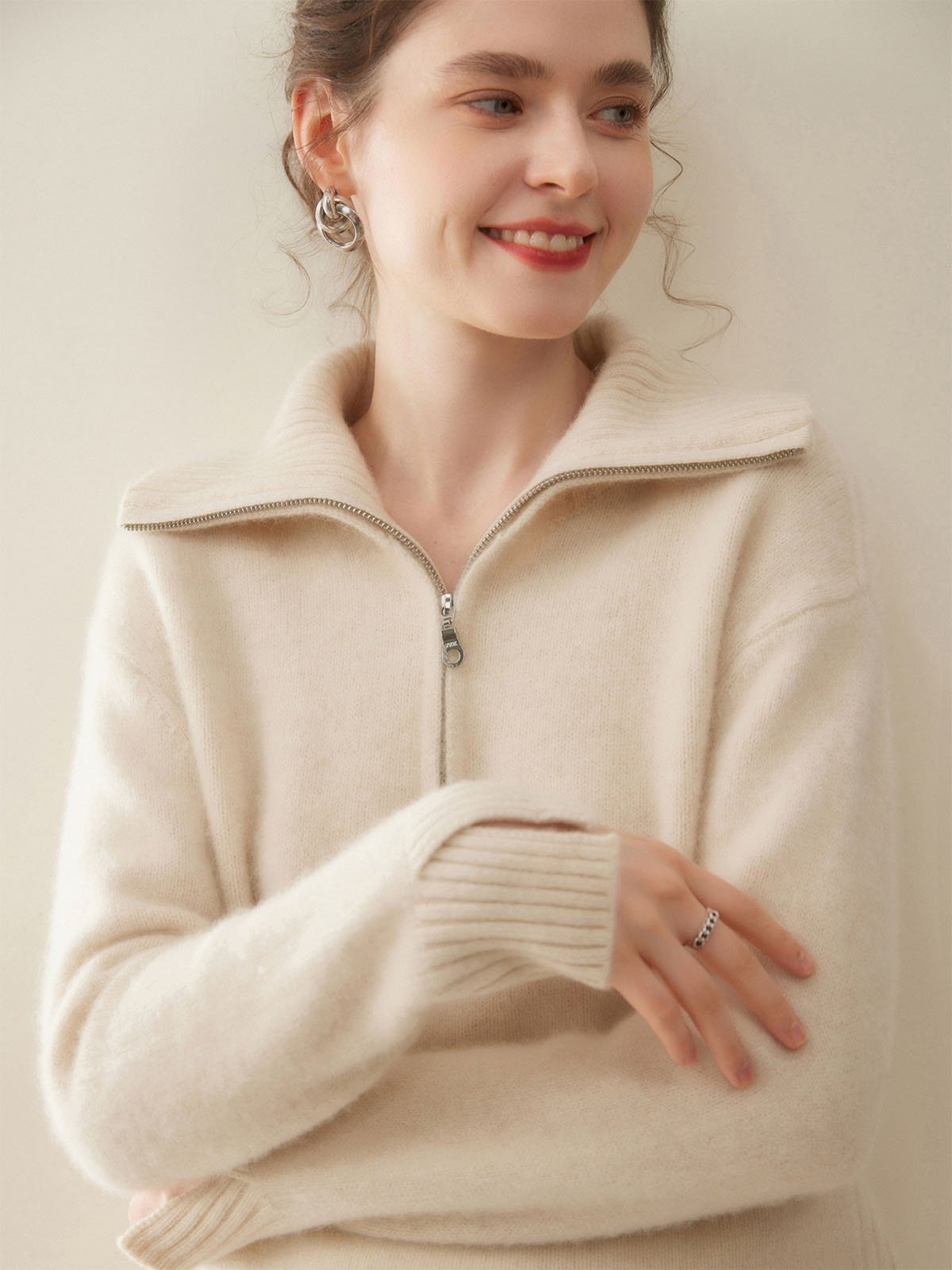 100%Cashmere Turn-down Collar Thick Warm Sweater - 图片 2