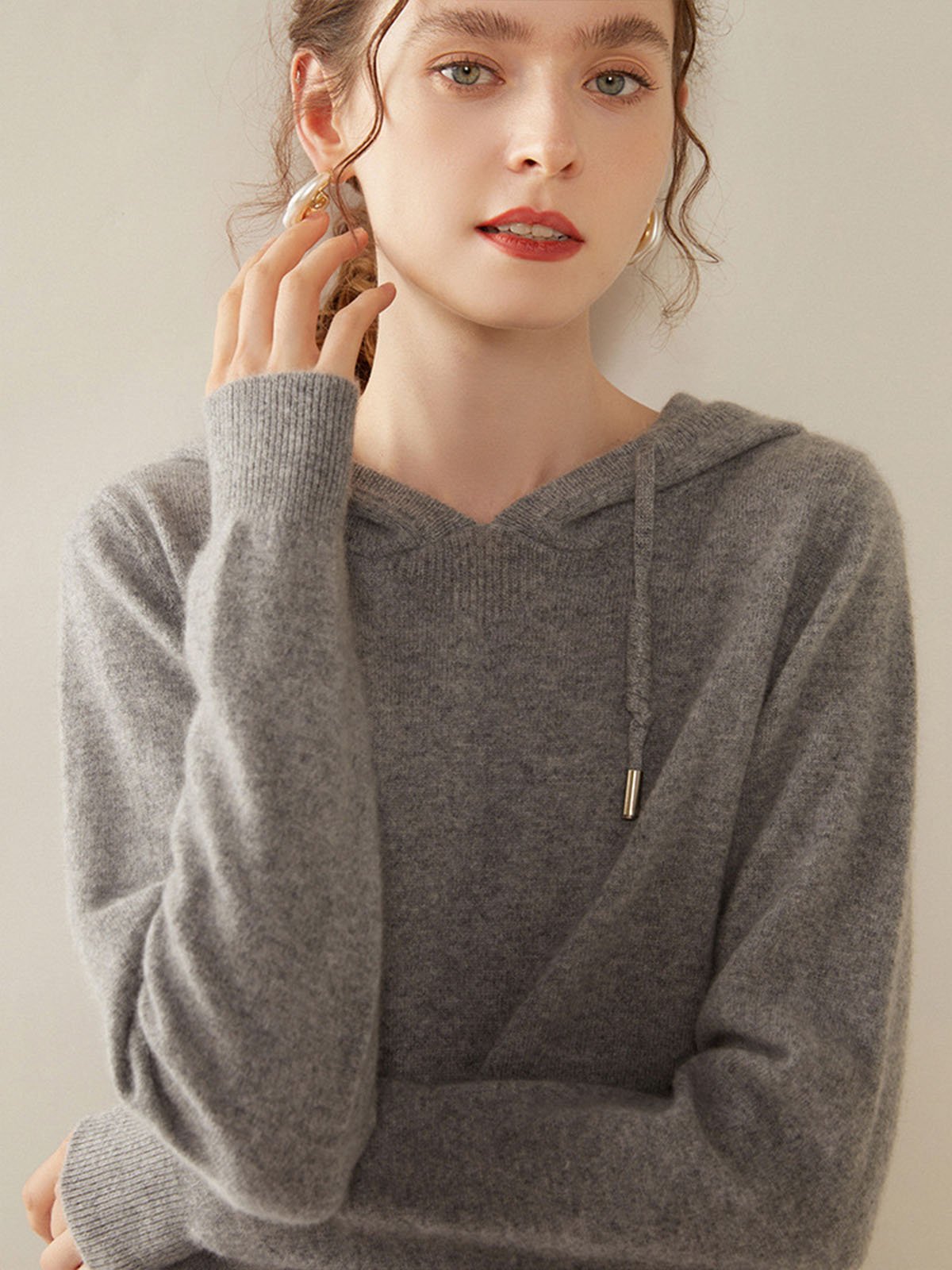 100%Cashmere Loose Hooded Base Sweatshirt - 图片 2