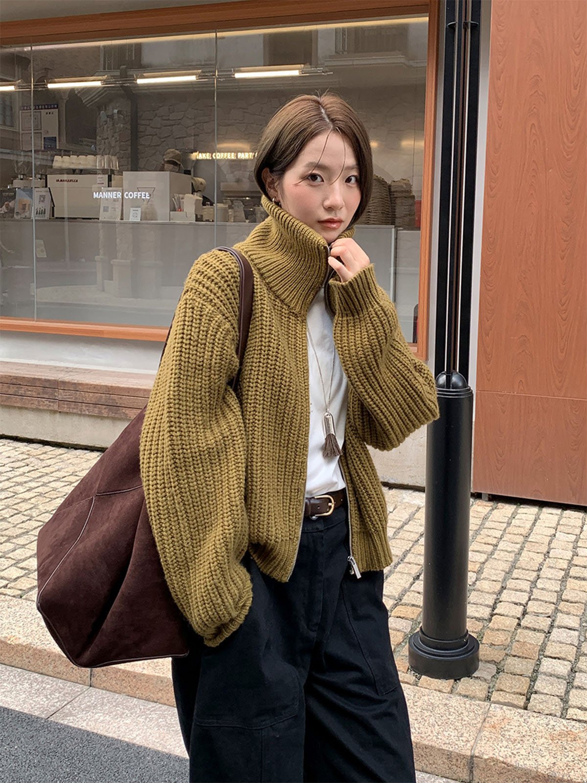 50%Wool Blend Zipper Designed Warm Knitted Coat 57836