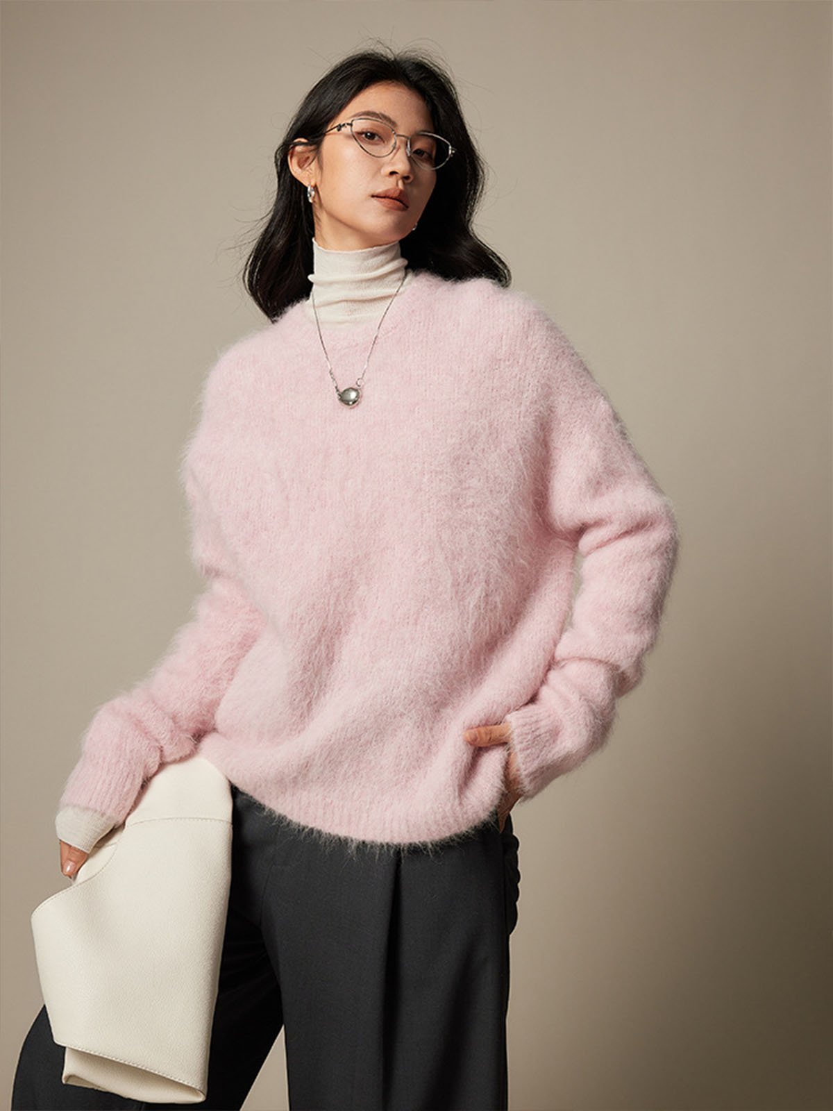 78% Alpaca Brushed Long-pile Pink Sweater FL2165 - 图片 2