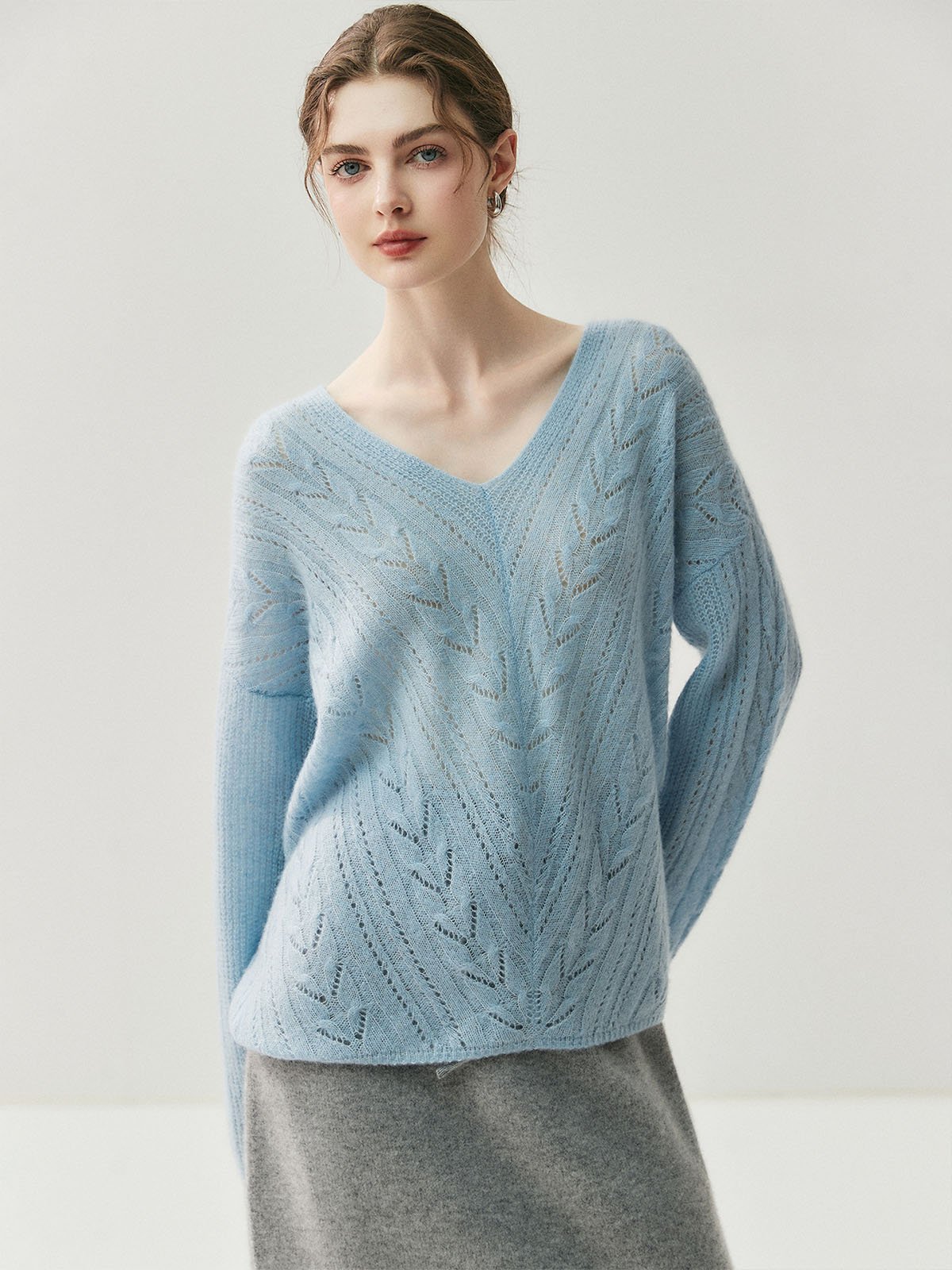 100% Cashmere Loose V-neck Hollowed-out Knitwear