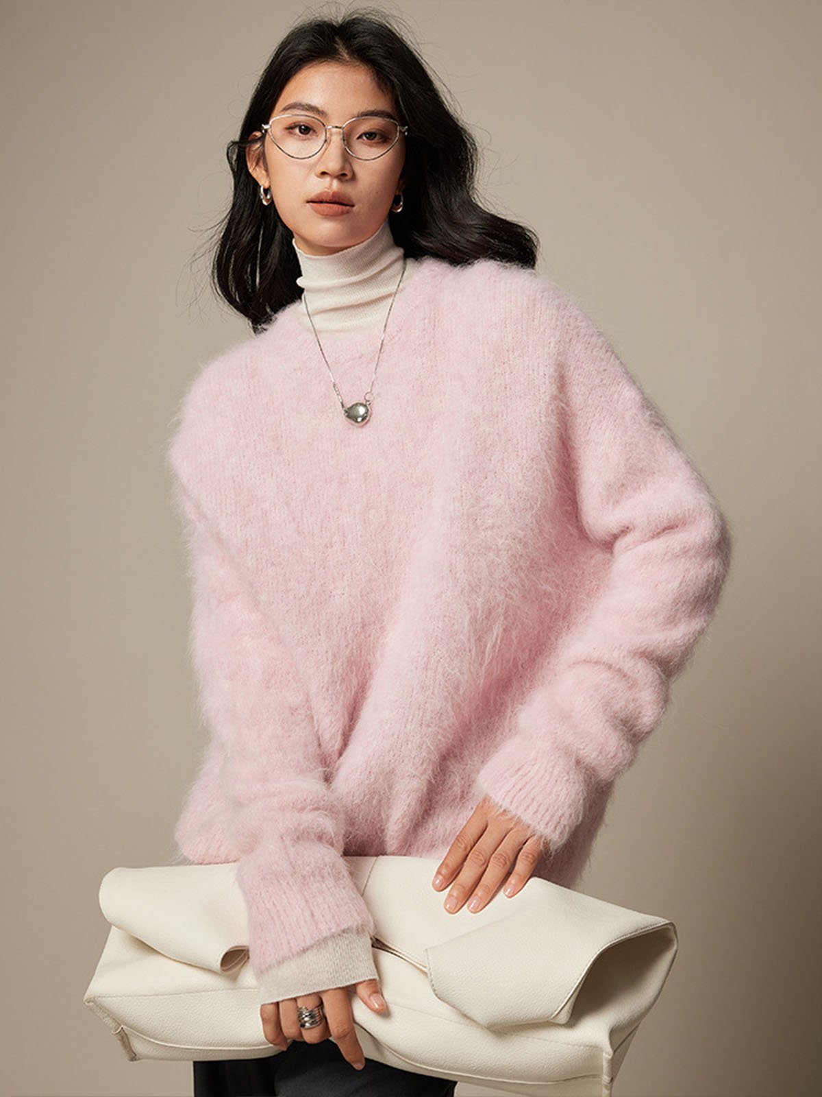 78% Alpaca Brushed Long-pile Pink Sweater FL2165 - 图片 3