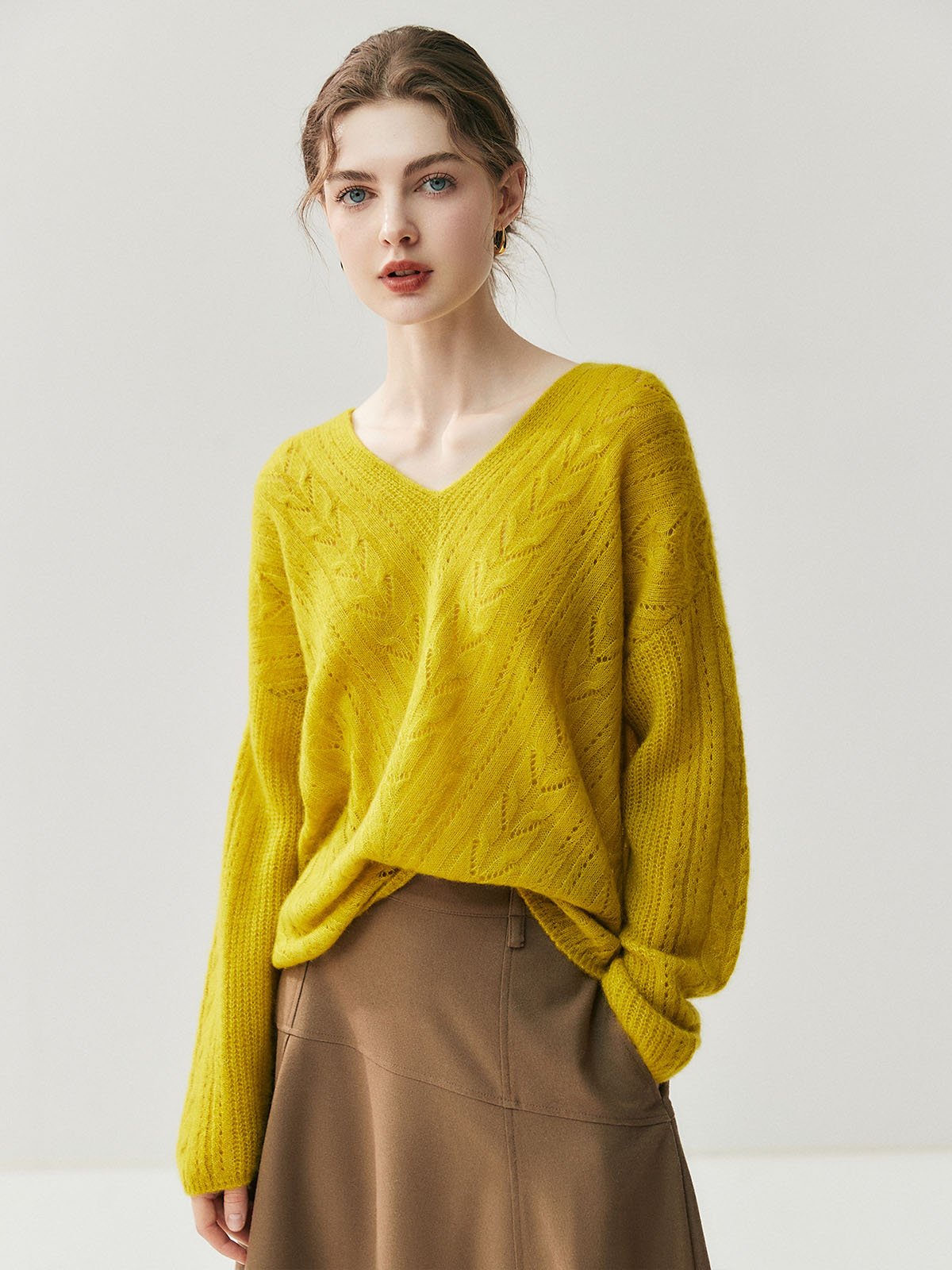 100% Cashmere Loose V-neck Hollowed-out Knitwear - 图片 2