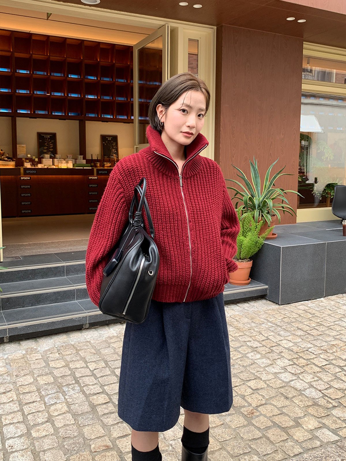 50%Wool Blend Zipper Designed Warm Knitted Coat 57836 - 图片 2