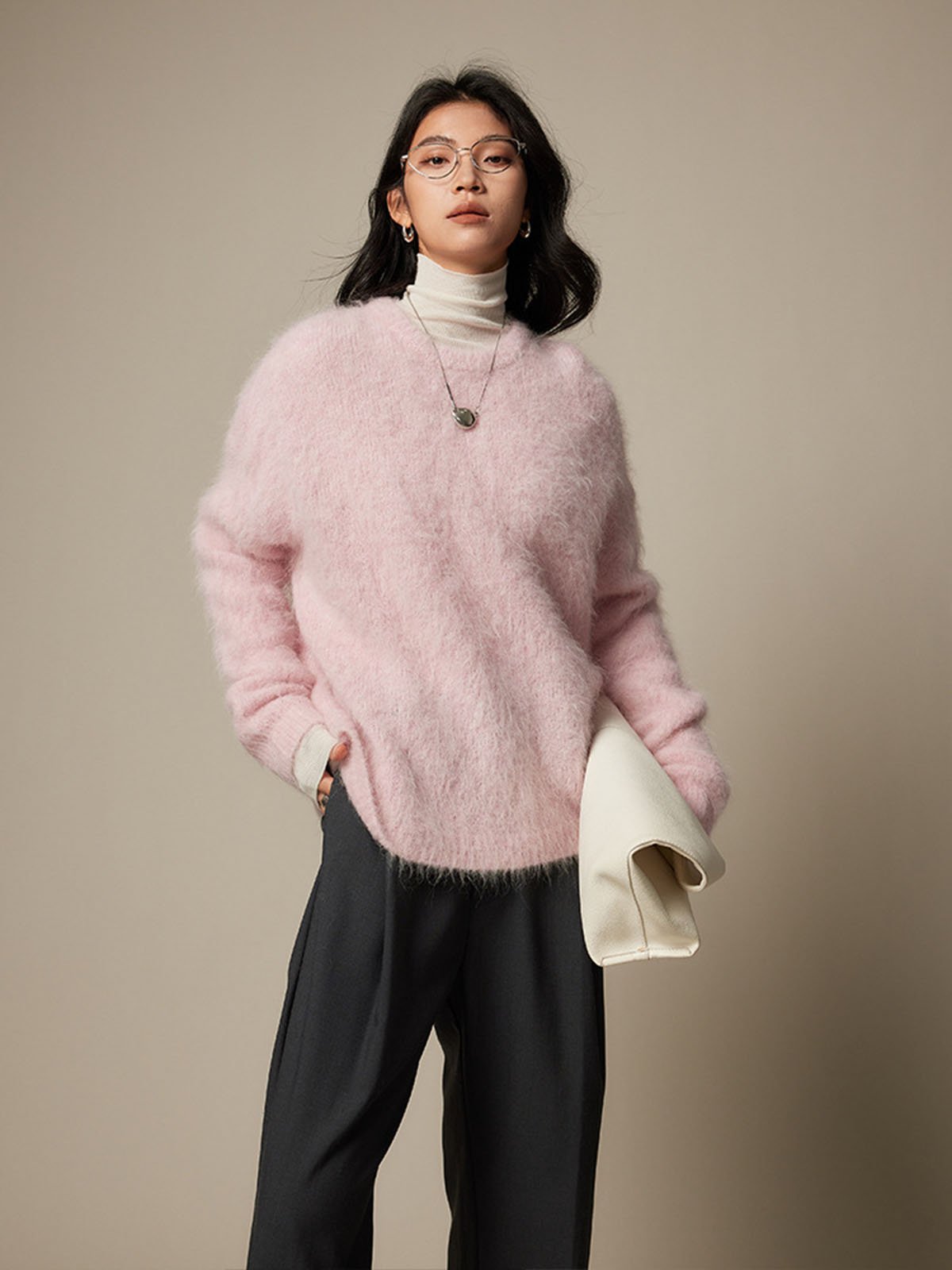 78% Alpaca Brushed Long-pile Pink Sweater FL2165