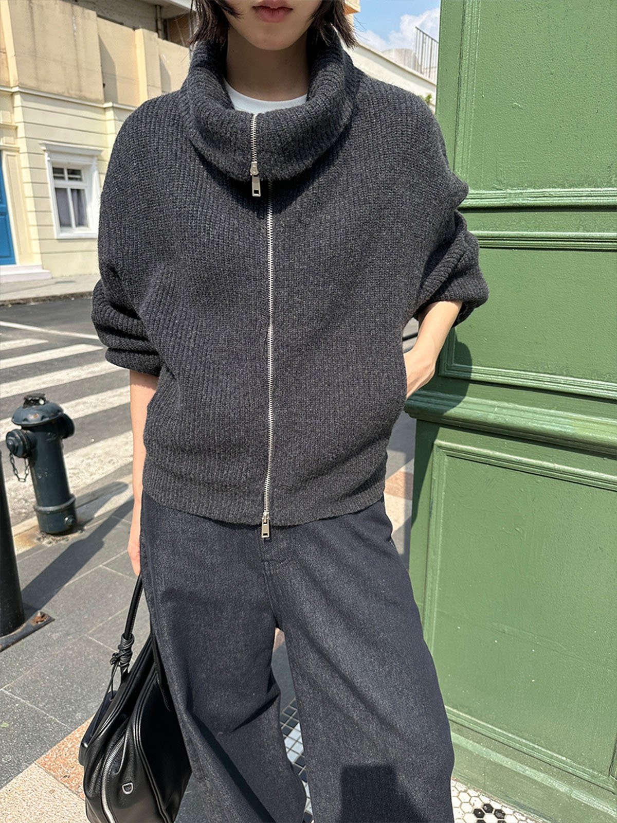 Turn-down Collar 100%Wool Zipper Sweater 54MF58215