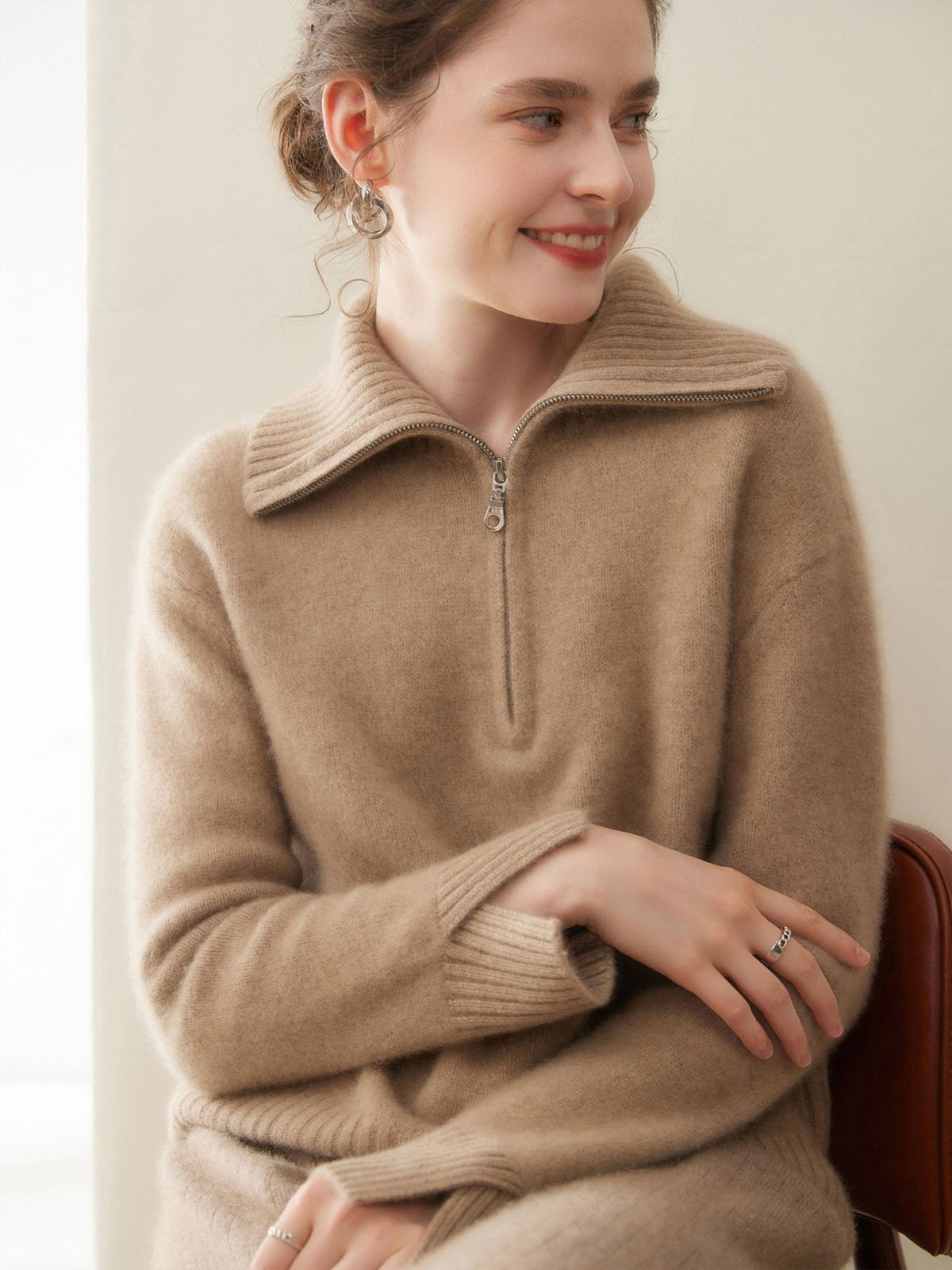 100%Cashmere Turn-down Collar Thick Warm Sweater - 图片 3