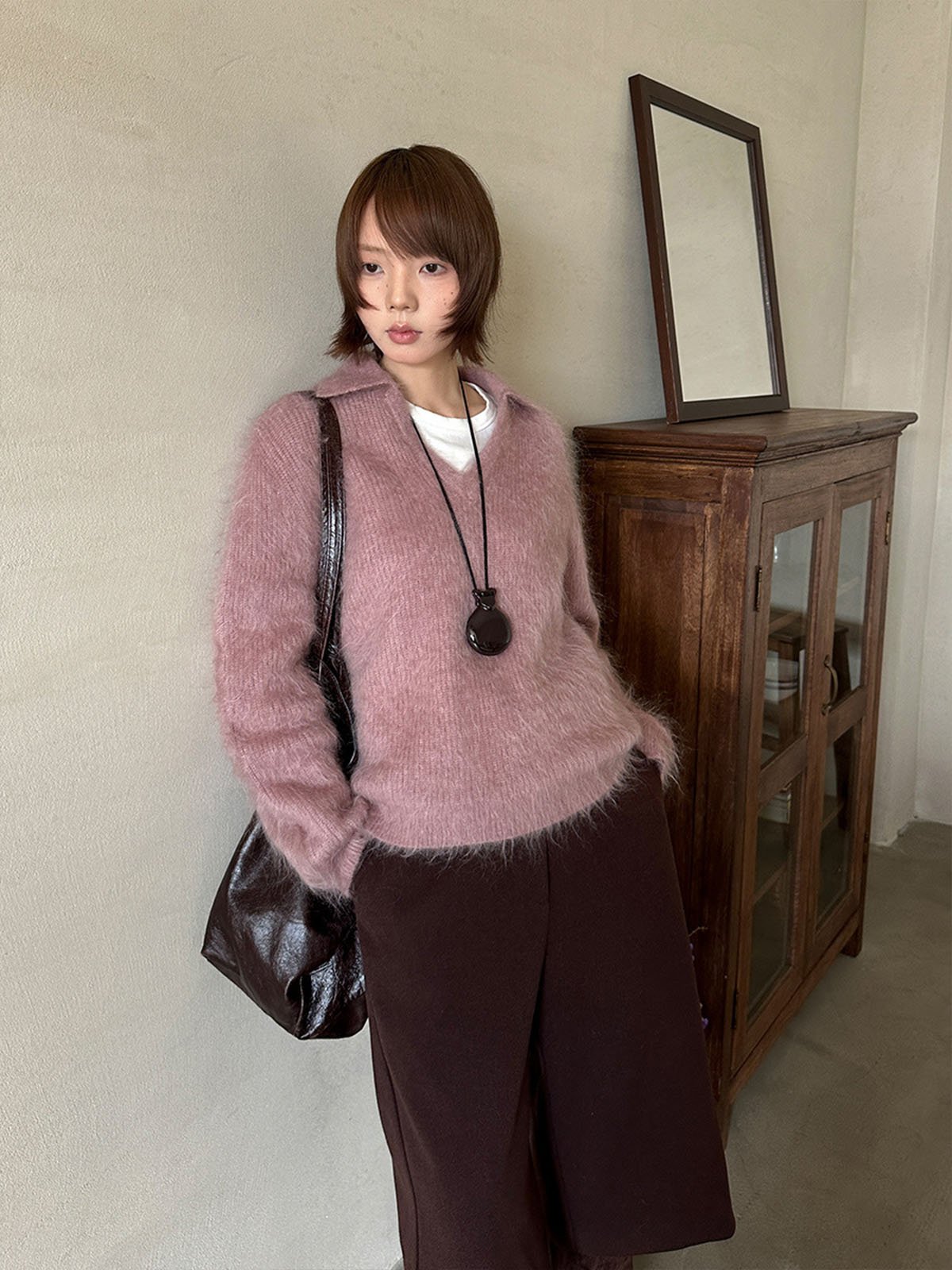 Woman Skin-friendly Mohair Lapel Knitwear 57392