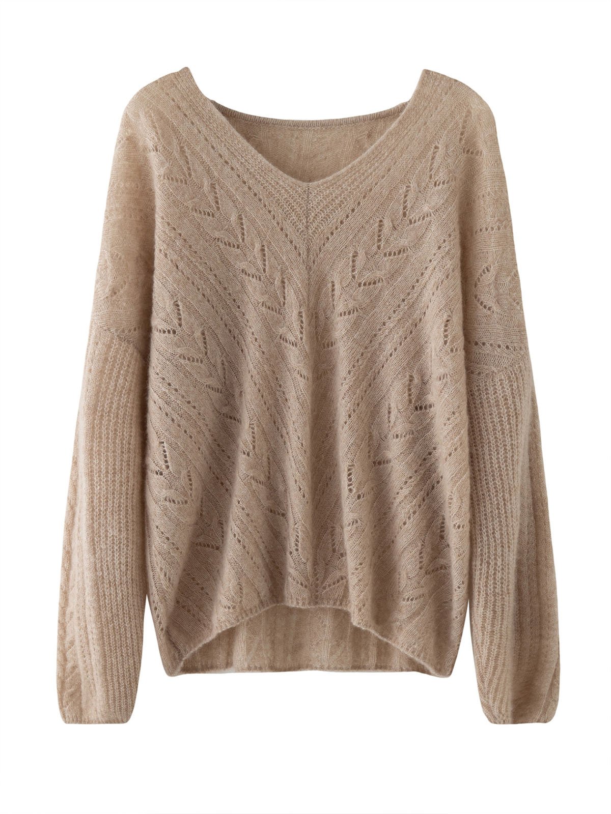 100% Cashmere Loose V-neck Hollowed-out Knitwear - 图片 5