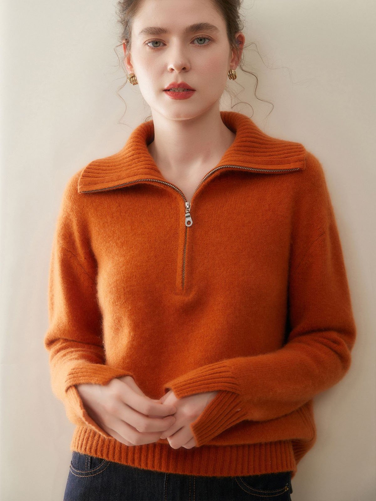100%Cashmere Turn-down Collar Thick Warm Sweater