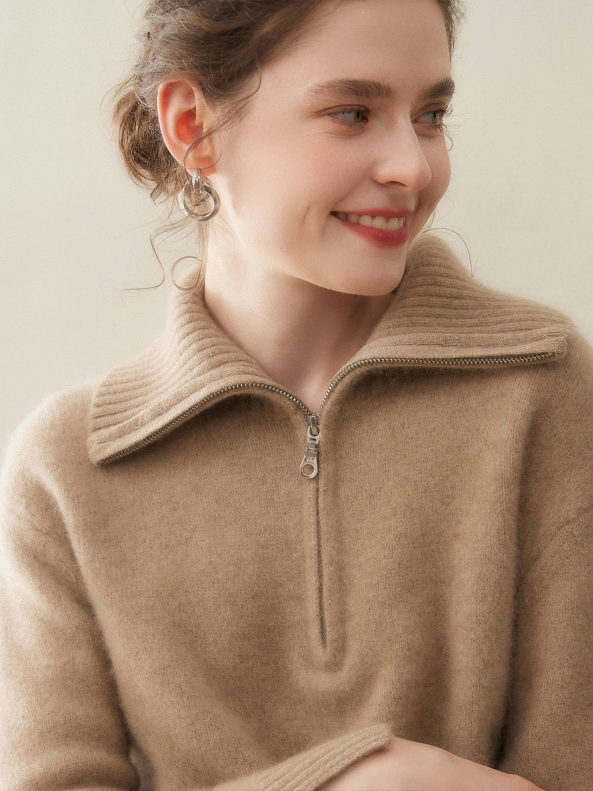 100%Cashmere Turn-down Collar Thick Warm Sweater - 图片 4