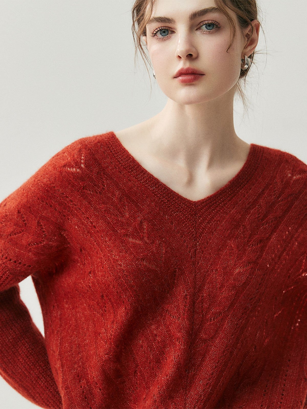 100% Cashmere Loose V-neck Hollowed-out Knitwear - 图片 6