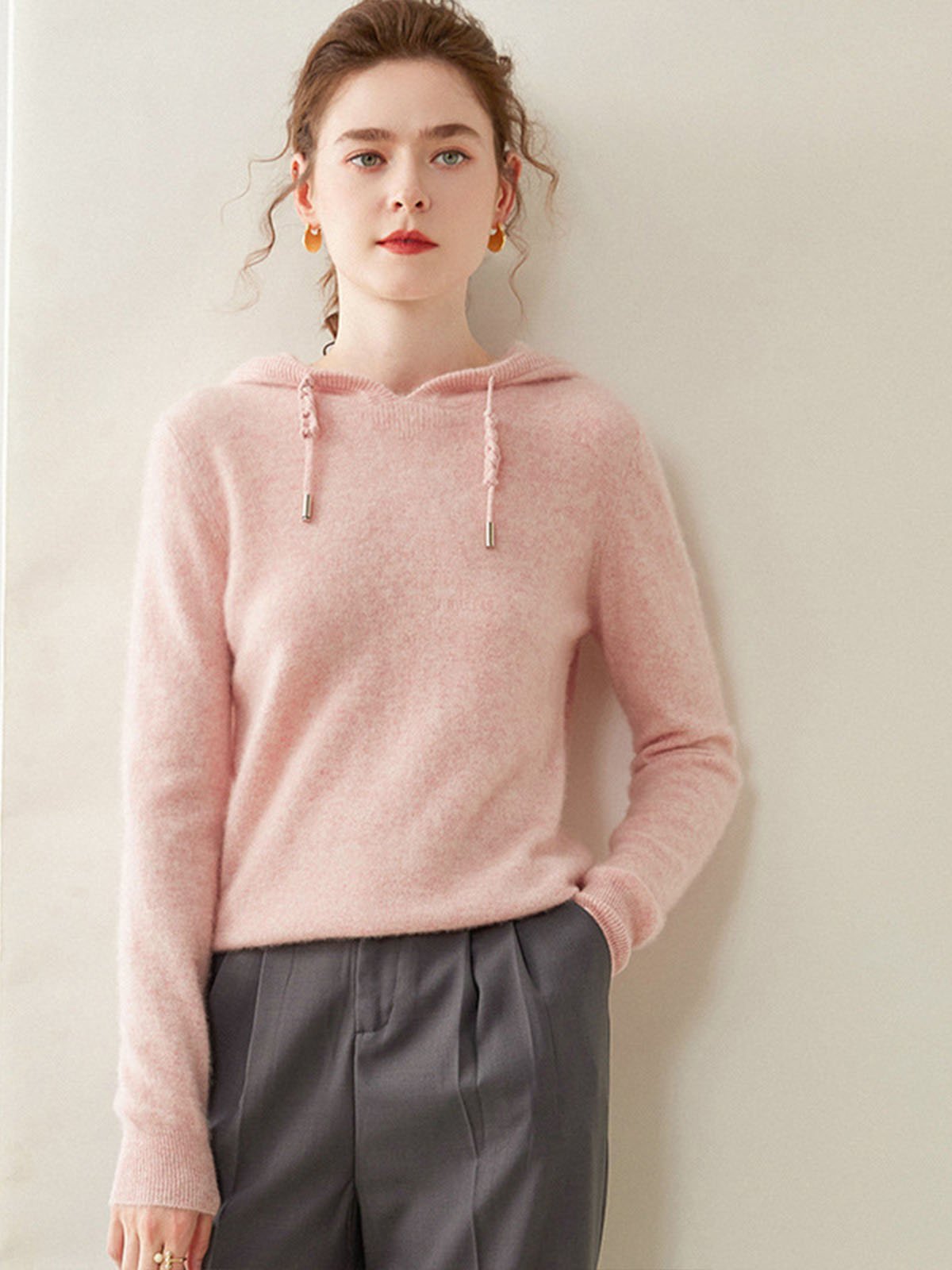 100%Cashmere Loose Hooded Base Sweatshirt - 图片 3