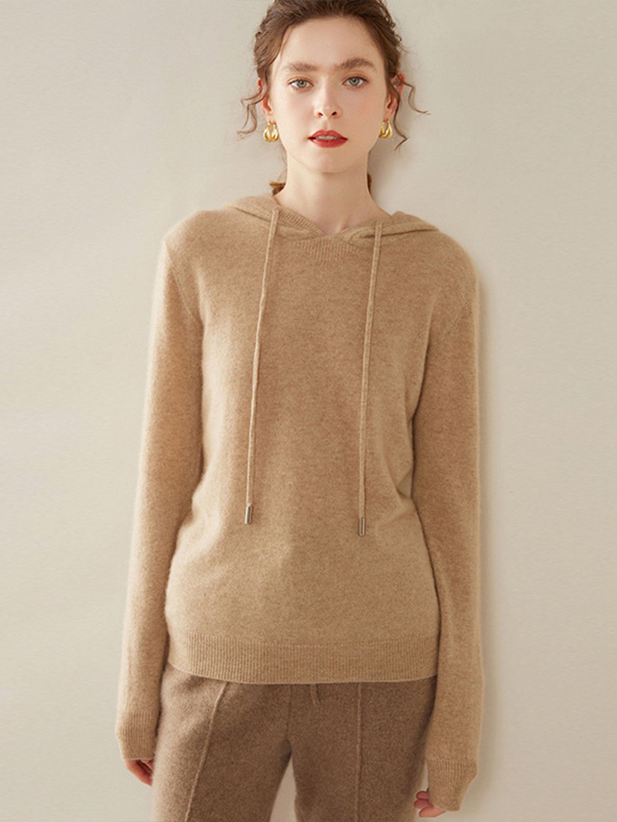 100%Cashmere Loose Hooded Base Sweatshirt - 图片 4