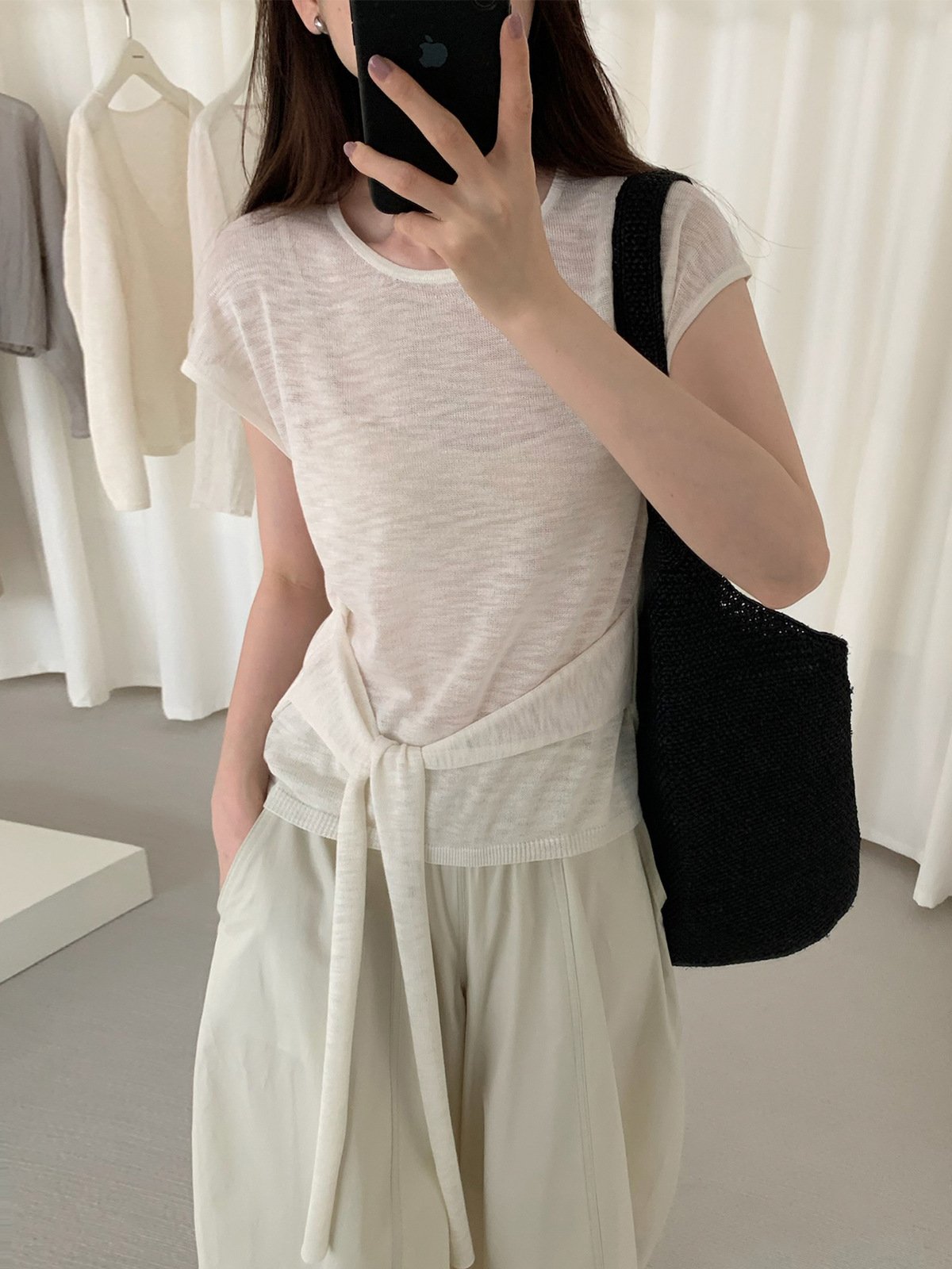 Short-sleeved Knit Top with Belt 24786