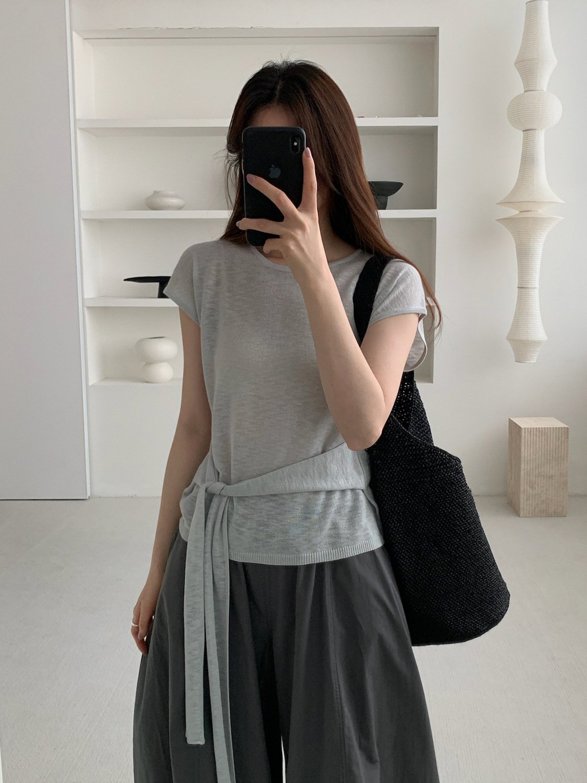 Short-sleeved Knit Top with Belt 24786 - 图片 3